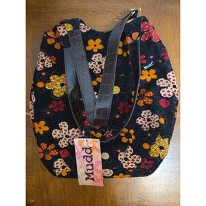 Mudd Shoulder Tote Bag Black Floral Corderoy Purse Boho Hippie Grunge Y2K Vntg